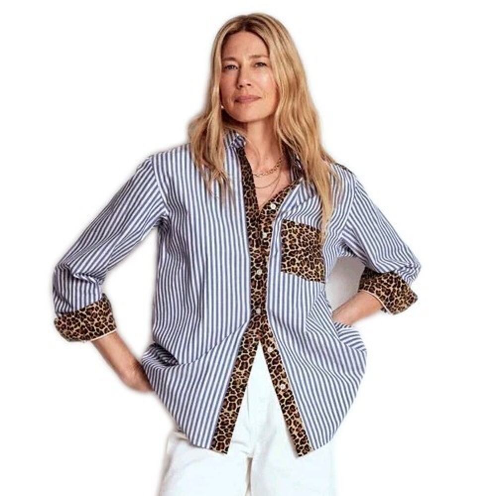 Boden Blue and Leopard Print Button Down Shirt